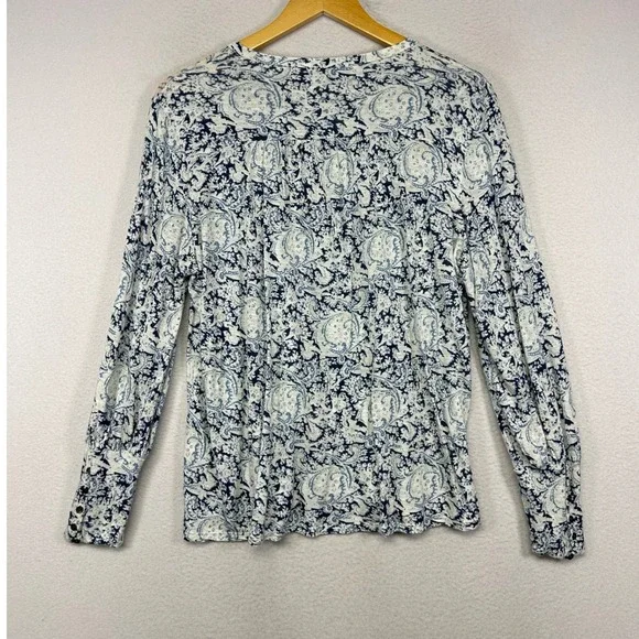 Boho Lucky Brand Womens Medium Blue White Paisley Button Front Long Sleeve Top - Picture 2 of 10